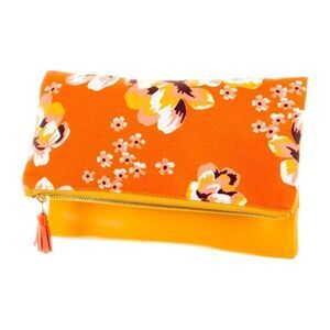 Rachel Pally Zahara Orange Reversible PU Leather Floral Clutch Canvas Bag Purse